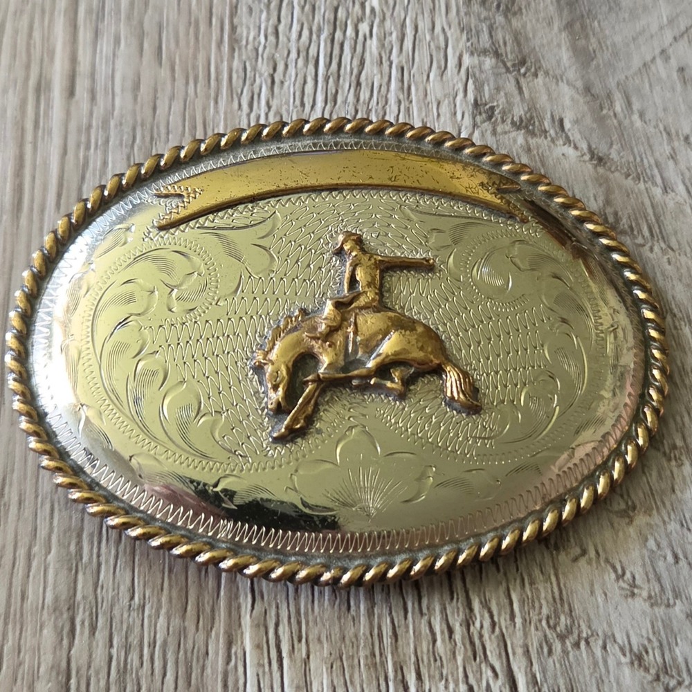 Vintage Alpaca Mexico Bucking Bronco Cowboy Belt Buckle Western Two Tone Oval